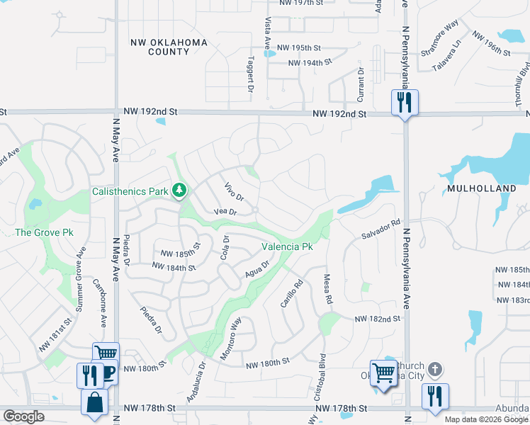 map of restaurants, bars, coffee shops, grocery stores, and more near 18644 Vivo Drive in Edmond