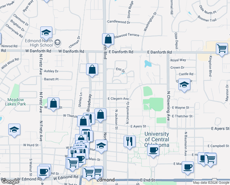 map of restaurants, bars, coffee shops, grocery stores, and more near 211 East Clegern Avenue in Edmond