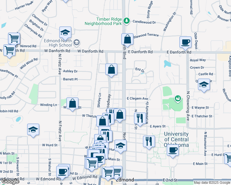 map of restaurants, bars, coffee shops, grocery stores, and more near 17 East Clegern Avenue in Edmond