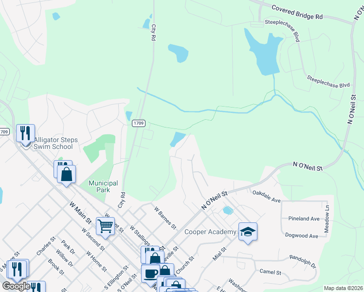 map of restaurants, bars, coffee shops, grocery stores, and more near 104 Gordon Street in Clayton