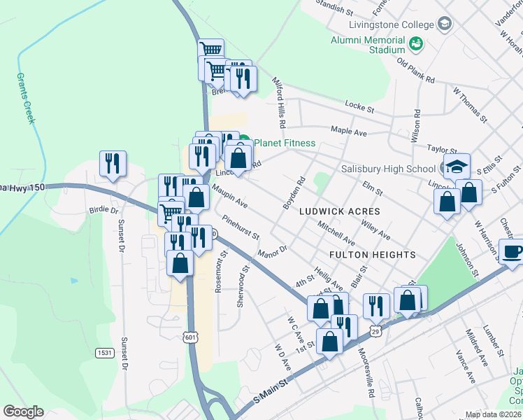 map of restaurants, bars, coffee shops, grocery stores, and more near 710 Maupin Avenue in Salisbury