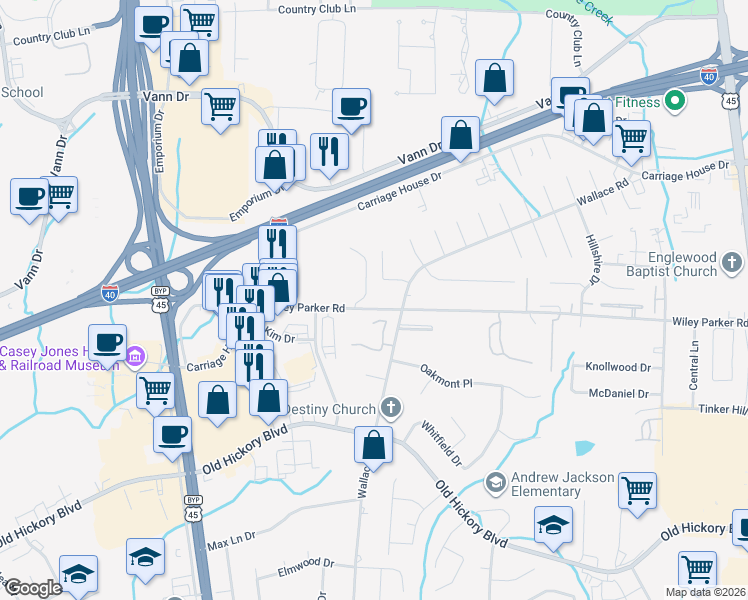 map of restaurants, bars, coffee shops, grocery stores, and more near 399 Wiley Parker Road in Jackson