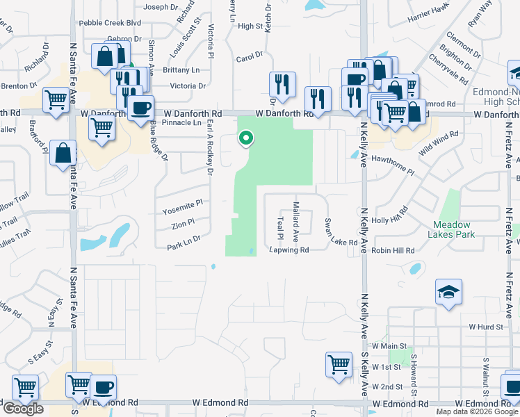 map of restaurants, bars, coffee shops, grocery stores, and more near 809 Lapwing Road in Edmond