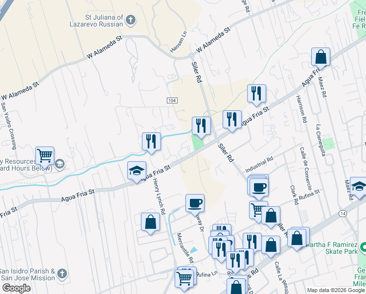 map of restaurants, bars, coffee shops, grocery stores, and more near 3684 Lugar De Padilla in Santa Fe