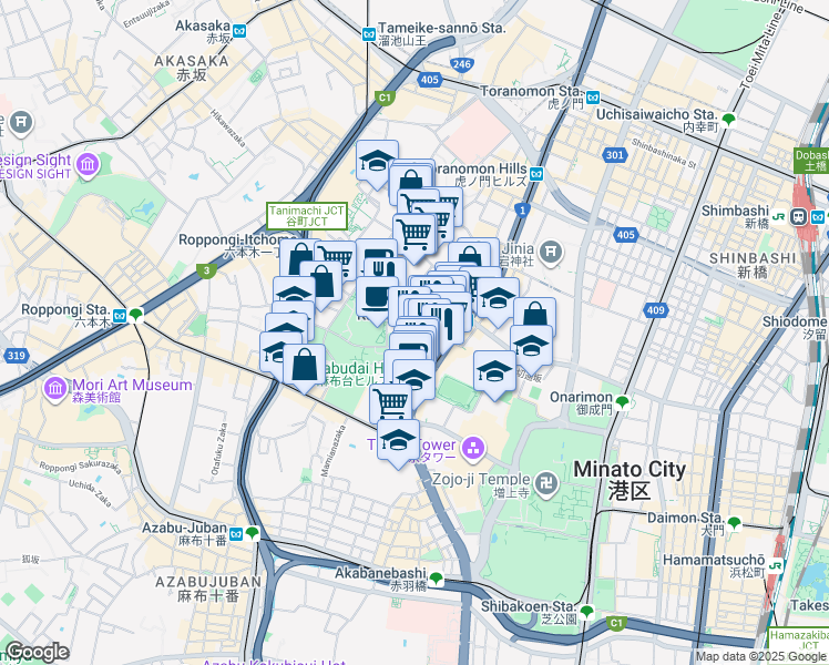 map of restaurants, bars, coffee shops, grocery stores, and more near in Minato City