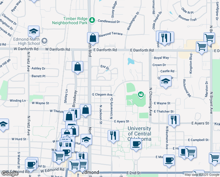 map of restaurants, bars, coffee shops, grocery stores, and more near 717 University Drive in Edmond