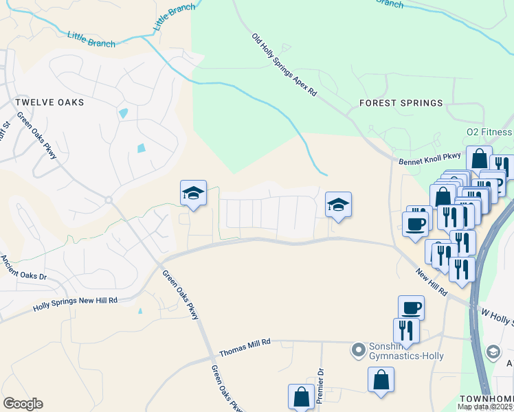 map of restaurants, bars, coffee shops, grocery stores, and more near 125 Tree Hill Lane in Holly Springs