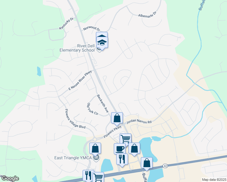map of restaurants, bars, coffee shops, grocery stores, and more near 65 Bramble Lane in Clayton