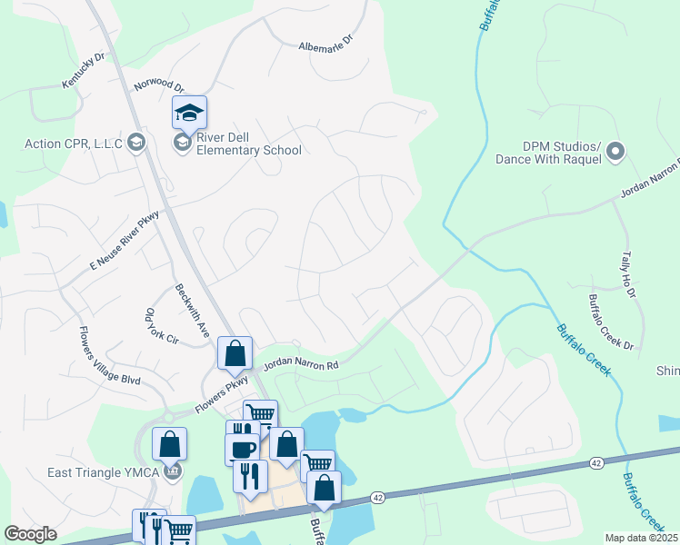 map of restaurants, bars, coffee shops, grocery stores, and more near 42 East Painted Way in Clayton
