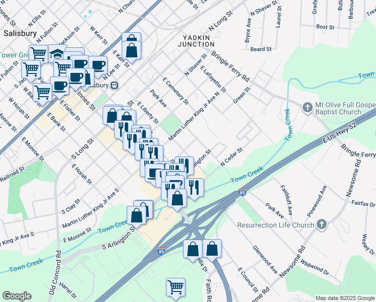 map of restaurants, bars, coffee shops, grocery stores, and more near 800 East Liberty Street in Salisbury