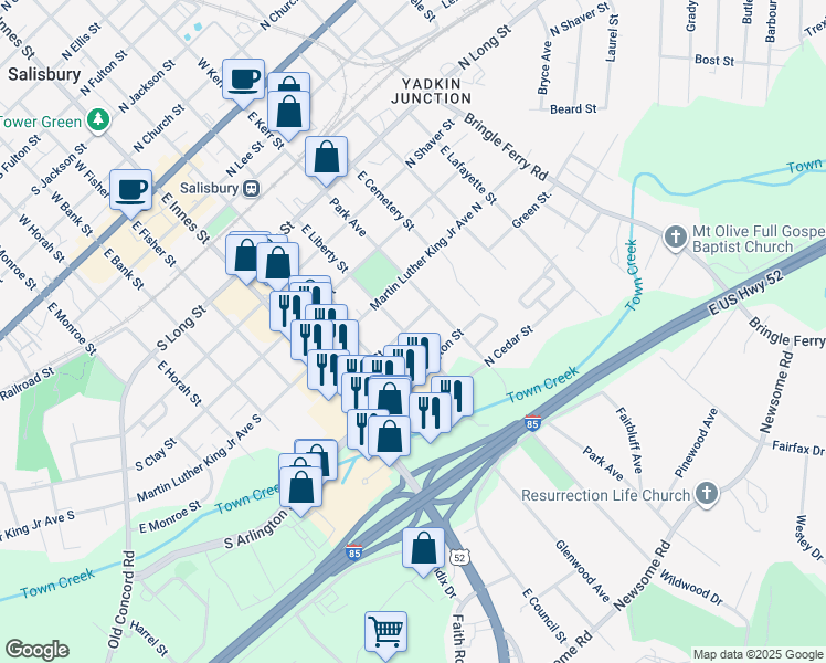 map of restaurants, bars, coffee shops, grocery stores, and more near 800 East Liberty Street in Salisbury
