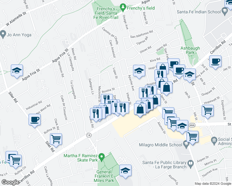 map of restaurants, bars, coffee shops, grocery stores, and more near 1307 Declovina Street in Santa Fe