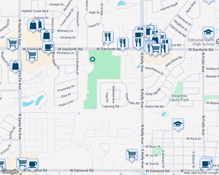 map of restaurants, bars, coffee shops, grocery stores, and more near 1209 Teal Place in Edmond