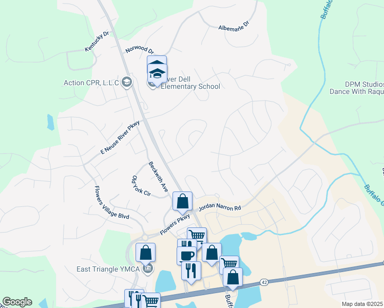 map of restaurants, bars, coffee shops, grocery stores, and more near 130 Bramble Lane in Clayton