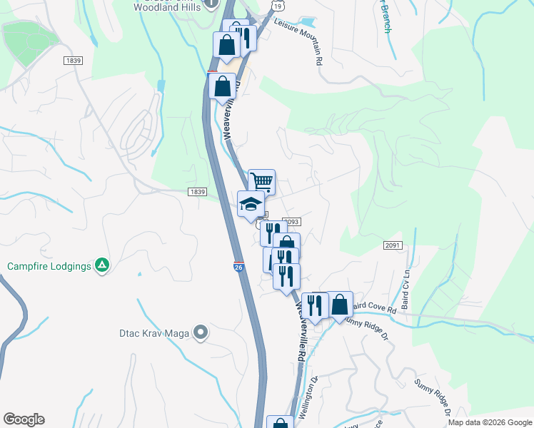 map of restaurants, bars, coffee shops, grocery stores, and more near 360 Weaverville Highway in Woodfin