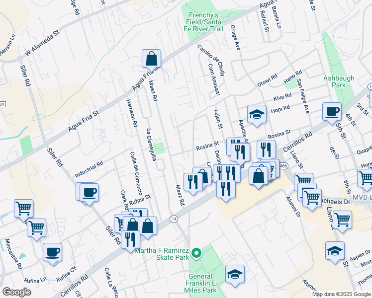 map of restaurants, bars, coffee shops, grocery stores, and more near 1265 Gallegos Lane in Santa Fe