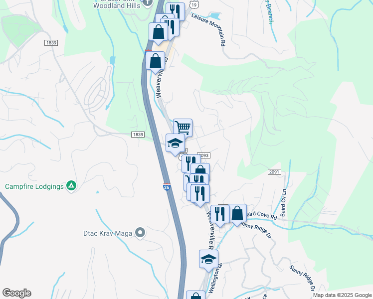 map of restaurants, bars, coffee shops, grocery stores, and more near 360 Weaverville Highway in Woodfin