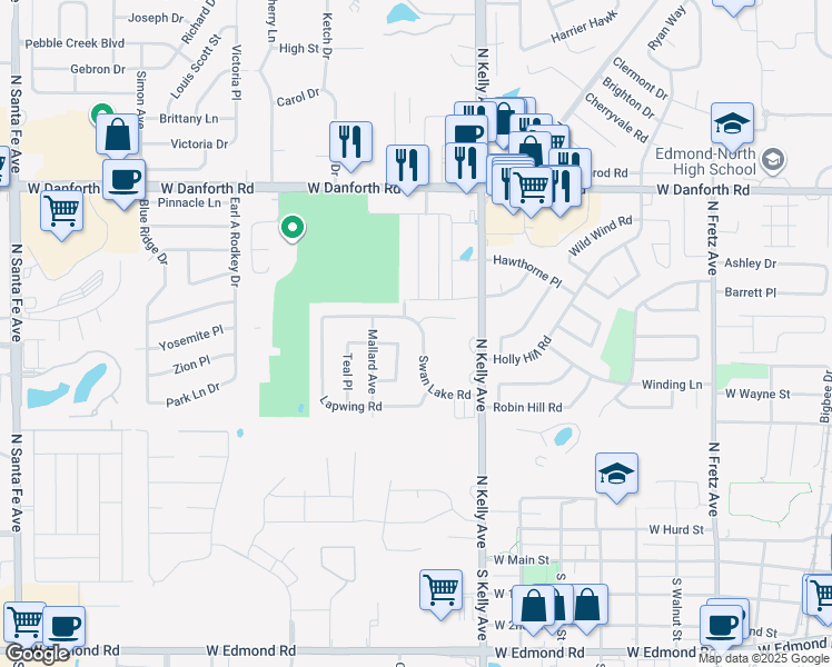 map of restaurants, bars, coffee shops, grocery stores, and more near 805 Swan Lake Road in Edmond