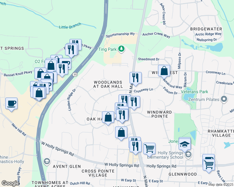 map of restaurants, bars, coffee shops, grocery stores, and more near 708 Oakhall Drive in Holly Springs