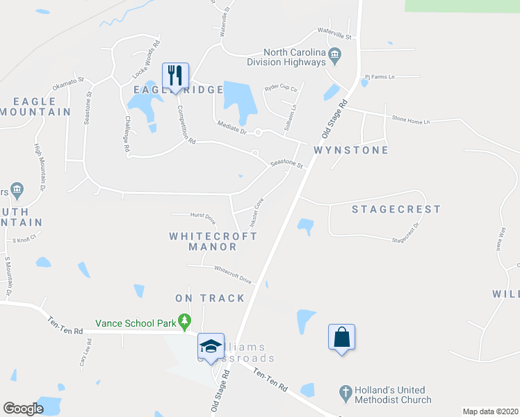 map of restaurants, bars, coffee shops, grocery stores, and more near 291 Inkster Cove in Raleigh