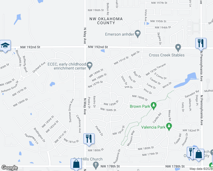 map of restaurants, bars, coffee shops, grocery stores, and more near 2709 Northwest 187th Terrace in Edmond