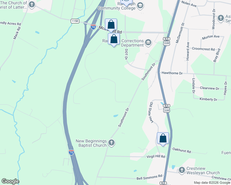 map of restaurants, bars, coffee shops, grocery stores, and more near 370-582 Veterans Loop Road in Asheboro