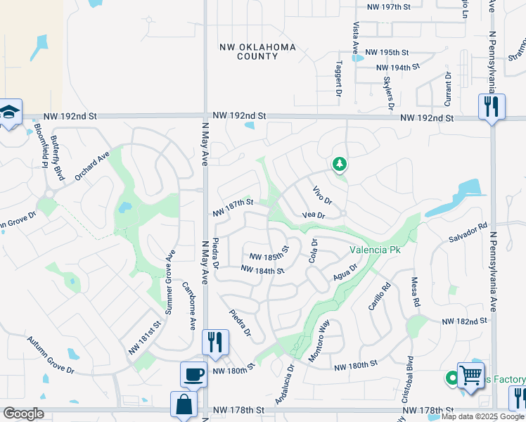 map of restaurants, bars, coffee shops, grocery stores, and more near 2705 Northwest 187th Terrace in Edmond