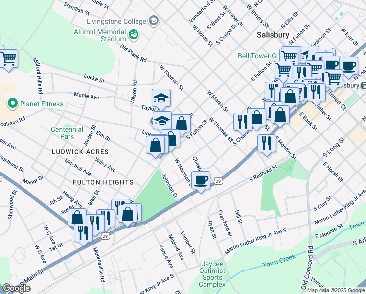 map of restaurants, bars, coffee shops, grocery stores, and more near 907 South Fulton Street in Salisbury