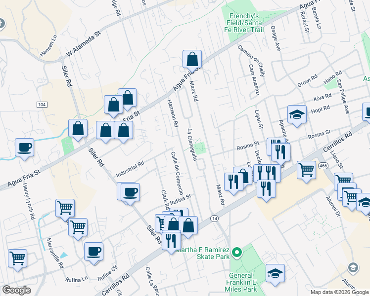 map of restaurants, bars, coffee shops, grocery stores, and more near 1149 Harrison Road in Santa Fe