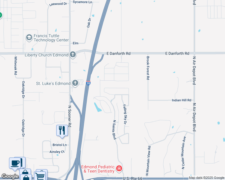 map of restaurants, bars, coffee shops, grocery stores, and more near 4733 First Light Lane in Edmond