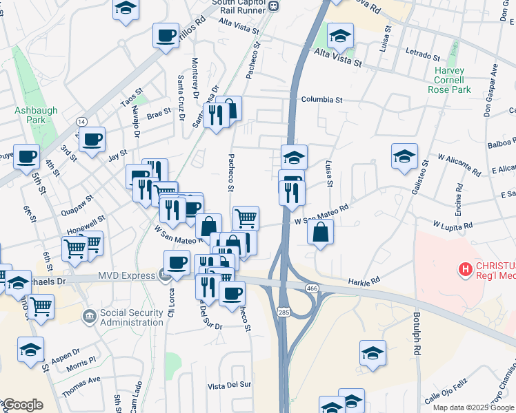 map of restaurants, bars, coffee shops, grocery stores, and more near 1596 South Pacheco Street in Santa Fe