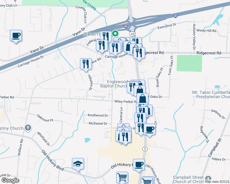 map of restaurants, bars, coffee shops, grocery stores, and more near 55 Wiley Parker Road in Jackson
