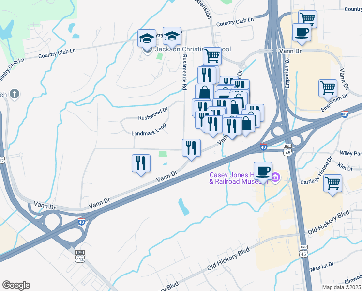 map of restaurants, bars, coffee shops, grocery stores, and more near 1355 Vann Drive in Jackson