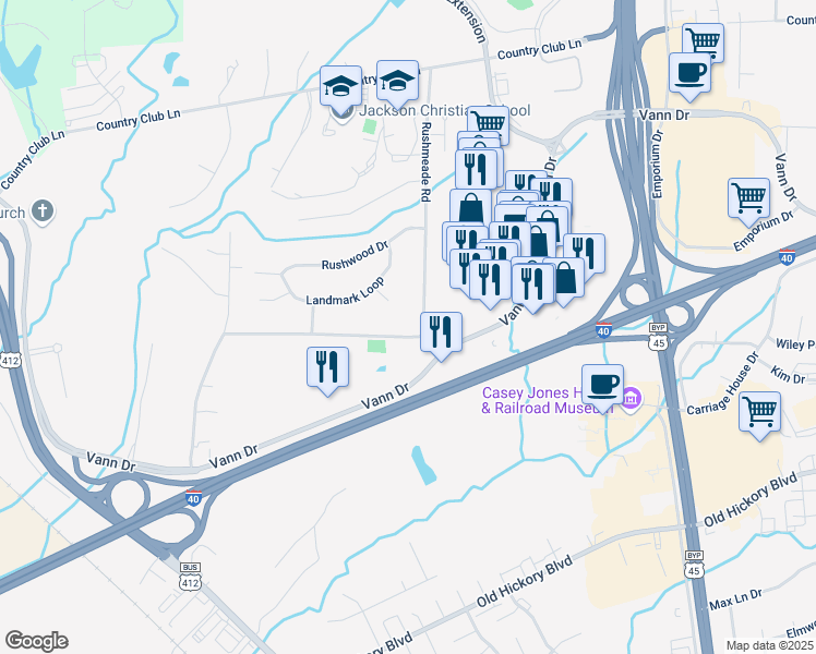 map of restaurants, bars, coffee shops, grocery stores, and more near 831 Rushmeade Road in Jackson