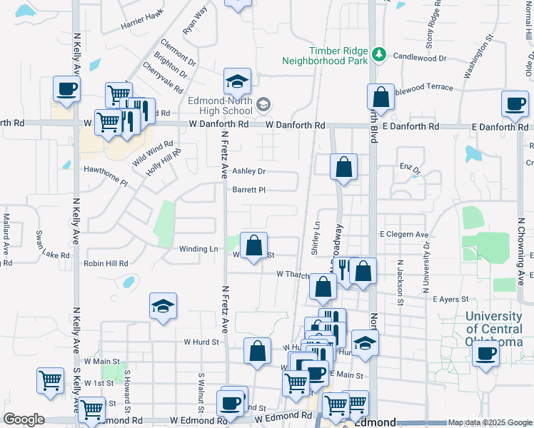 map of restaurants, bars, coffee shops, grocery stores, and more near 114 Harbor Avenue in Edmond