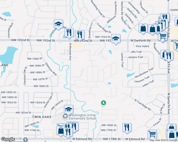 map of restaurants, bars, coffee shops, grocery stores, and more near 18720 Havenbrook Road in Edmond
