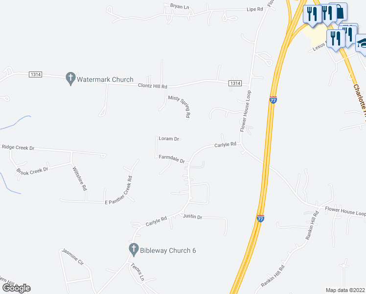 map of restaurants, bars, coffee shops, grocery stores, and more near 128 Loram Drive in Troutman