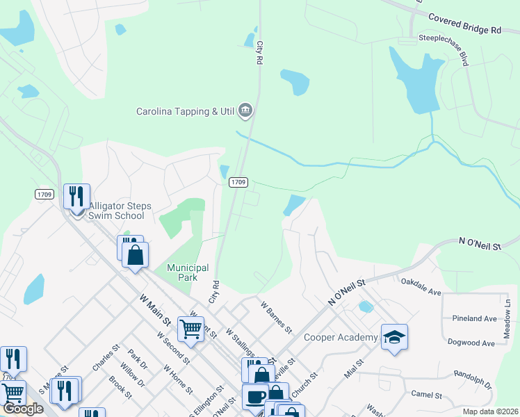 map of restaurants, bars, coffee shops, grocery stores, and more near 104 Gordon Street in Clayton