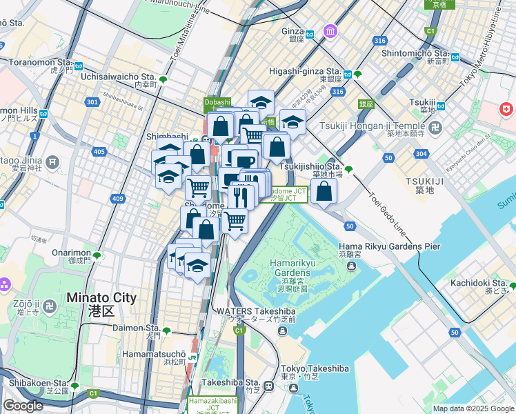 map of restaurants, bars, coffee shops, grocery stores, and more near in Minato City