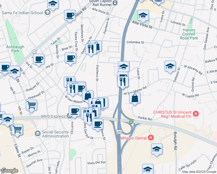 map of restaurants, bars, coffee shops, grocery stores, and more near 1596 South Pacheco Street in Santa Fe