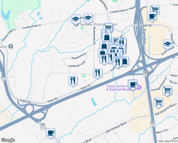 map of restaurants, bars, coffee shops, grocery stores, and more near 831 Rushmeade Road in Jackson