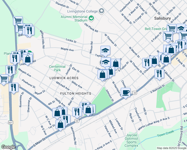 map of restaurants, bars, coffee shops, grocery stores, and more near 211 Ridge Avenue in Salisbury