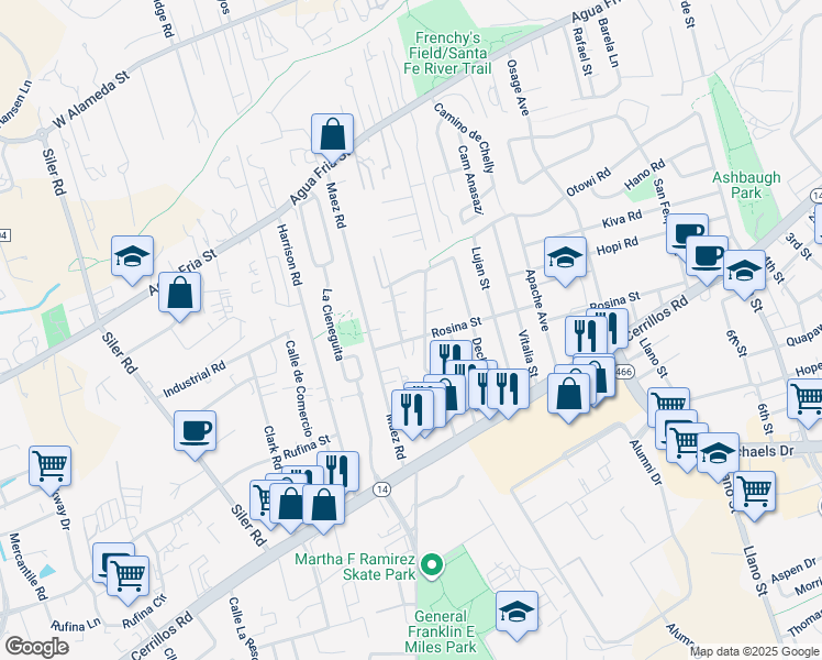 map of restaurants, bars, coffee shops, grocery stores, and more near 1263 Gallegos Lane in Santa Fe
