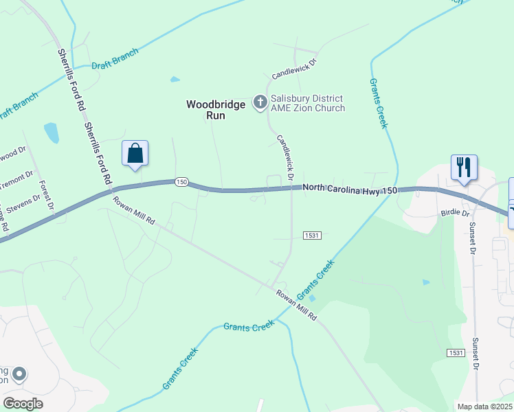 map of restaurants, bars, coffee shops, grocery stores, and more near 1915 Mooresville Road in Salisbury