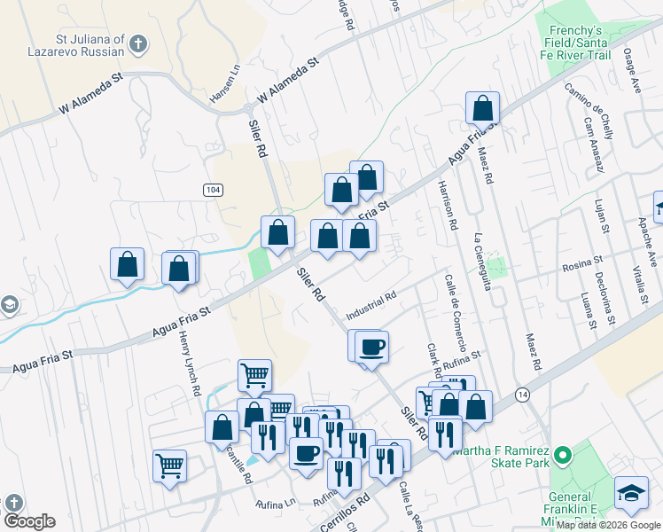 map of restaurants, bars, coffee shops, grocery stores, and more near 1143 Siler Park Lane in Santa Fe