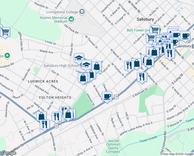 map of restaurants, bars, coffee shops, grocery stores, and more near 917 South Fulton Street in Salisbury