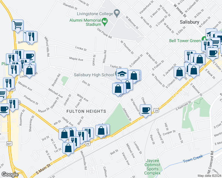 map of restaurants, bars, coffee shops, grocery stores, and more near 201 Ridge Avenue in Salisbury
