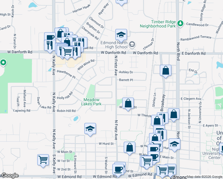 map of restaurants, bars, coffee shops, grocery stores, and more near 317 Gayclifee Terrace in Edmond