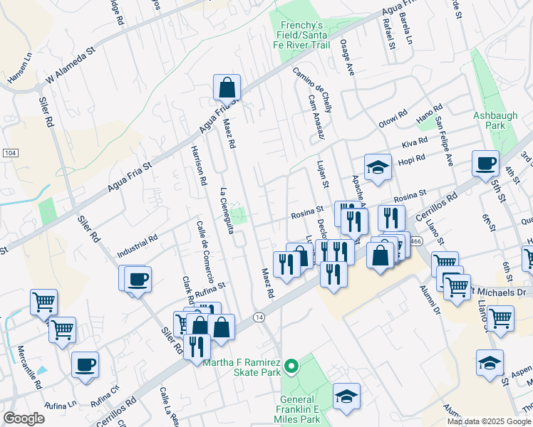 map of restaurants, bars, coffee shops, grocery stores, and more near 2510 Rosina Street in Santa Fe