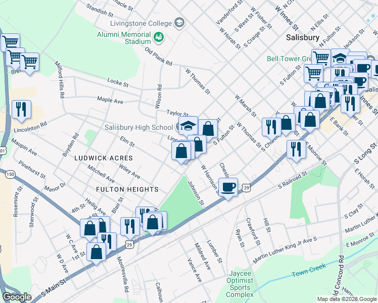 map of restaurants, bars, coffee shops, grocery stores, and more near 1012 South Fulton Street in Salisbury